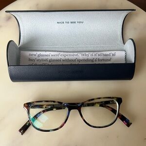 Warby Parker Daisy Glasses plus a frame case and lens cloth